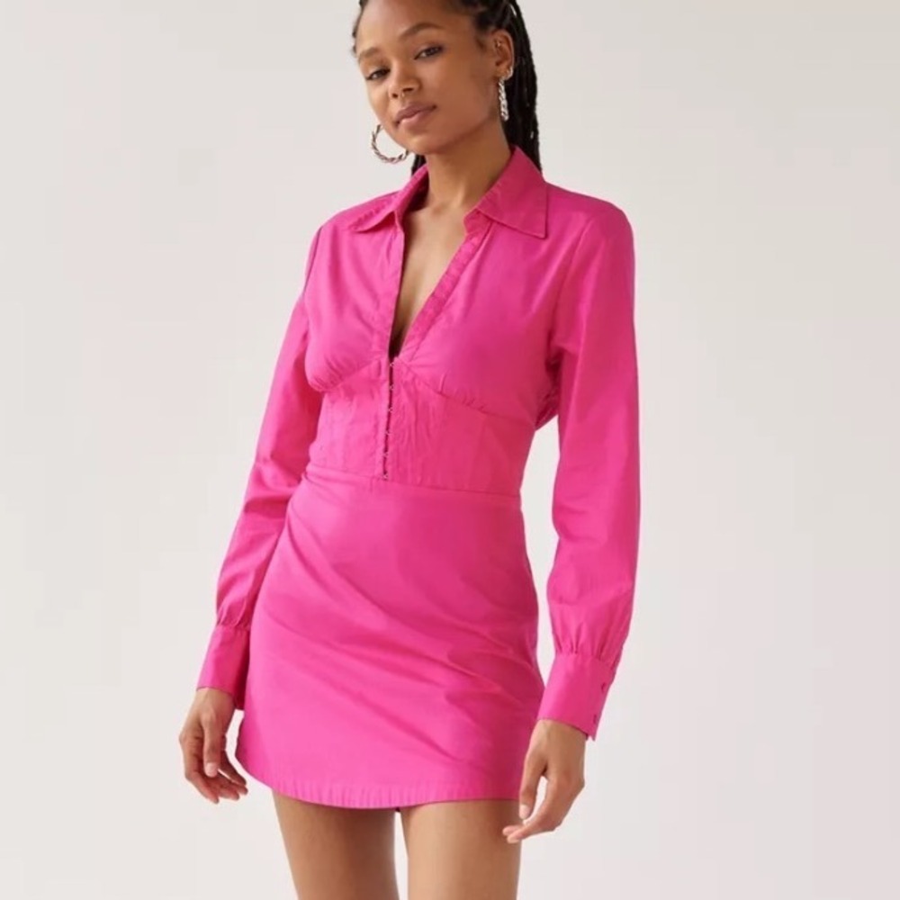 NWT Urban Outfitters UO Phoebe Long Sleeve Mini Dress Hot Pink‎ Corset Waist S